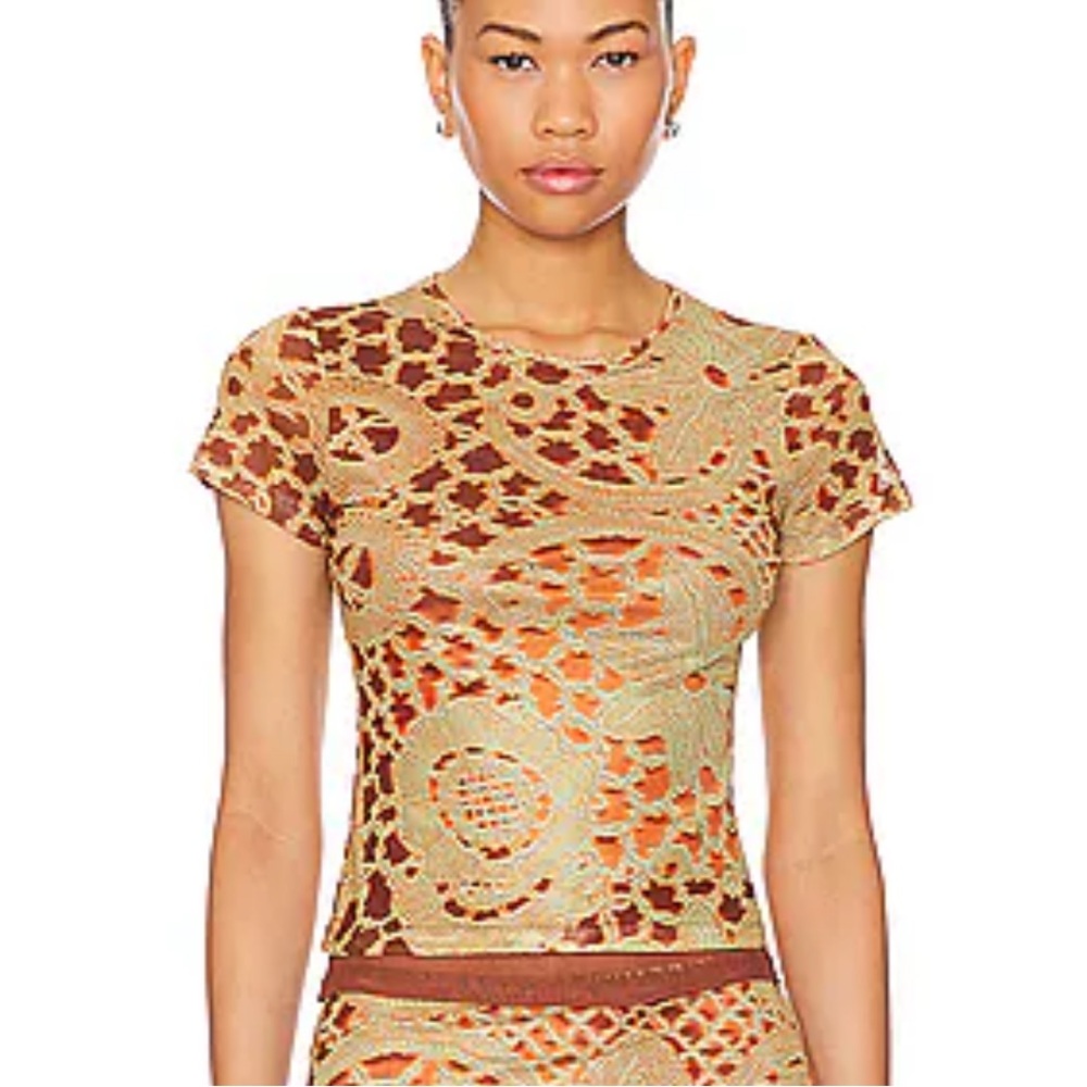 Miaou Orange Greenish Artsy Short Sleeve Mesh Mini Shirt In Color Lace orange L